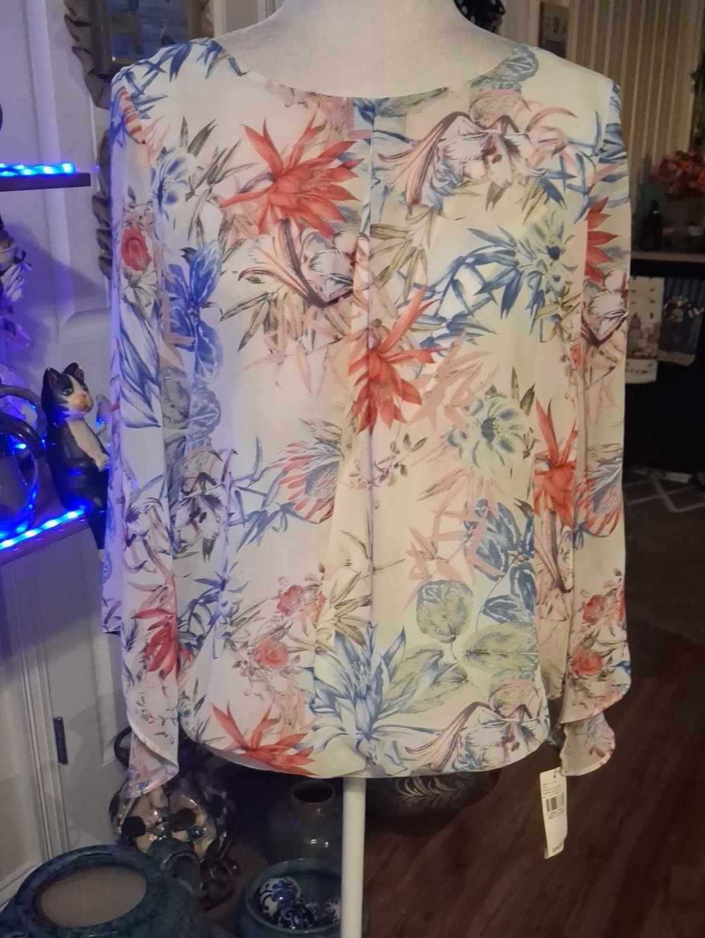 A New Floral Long-Sleeve Blouse in Cream with Coral & Blue Print By NewDirection